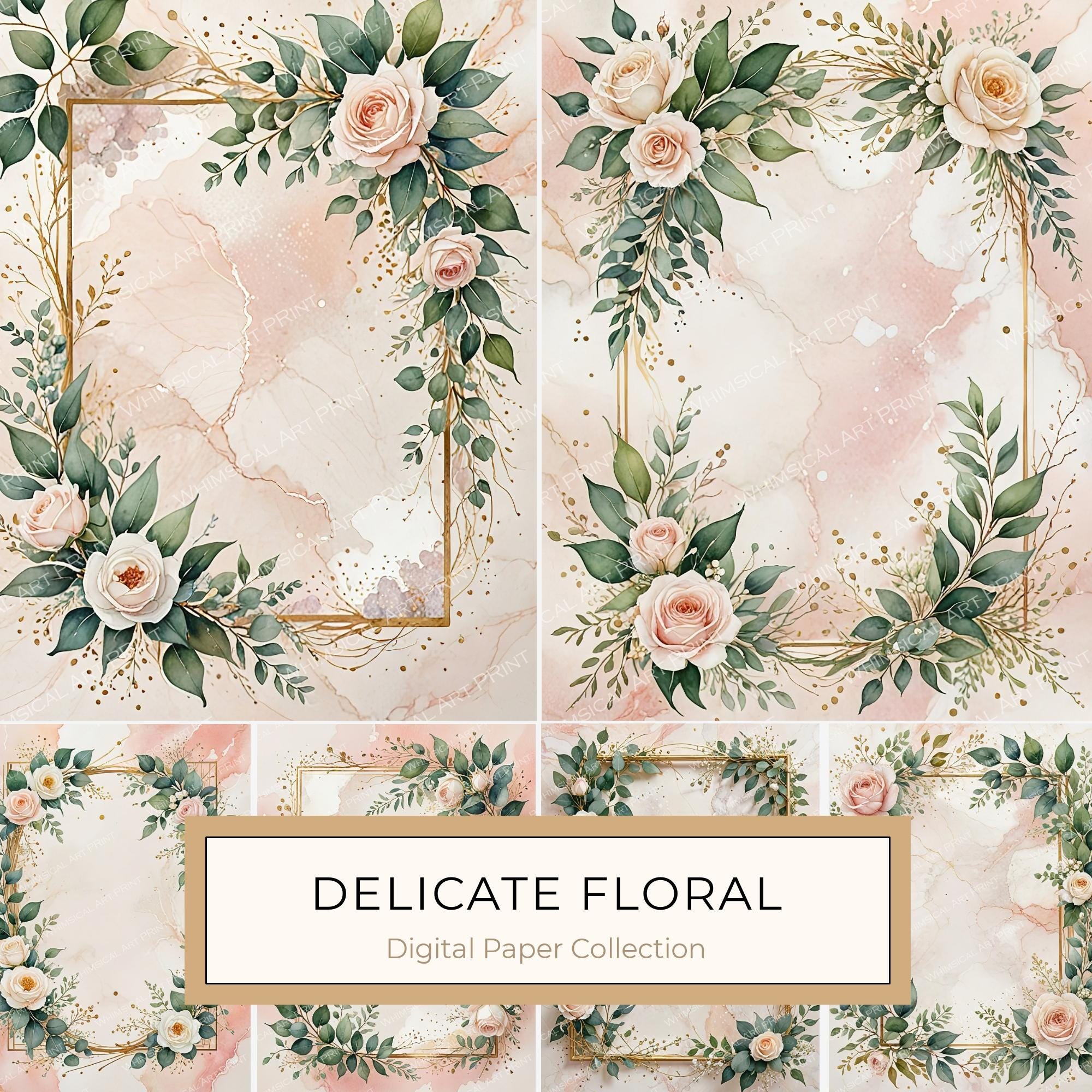 Watercolor Floral Frames: Blush Rose Pastel Designs (JPG Digital Download)