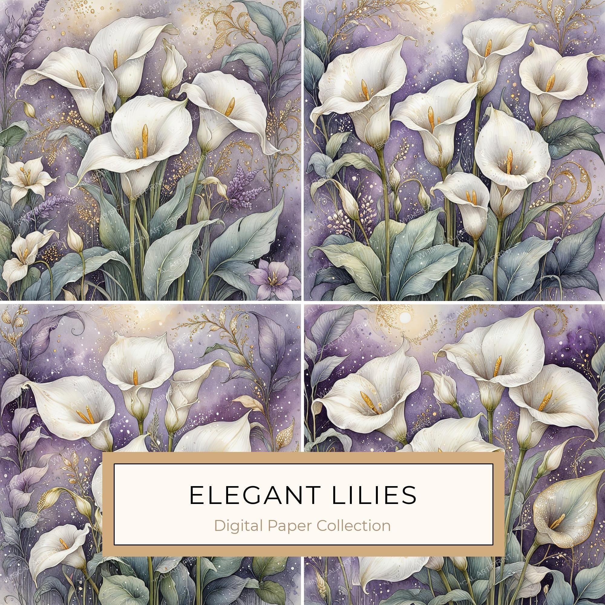 Watercolor Calla Lilies Digital Paper: Elegant White & Gold (10 JPGs)