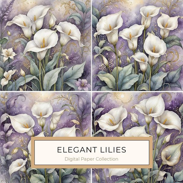 Watercolor Calla Lilies Digital Paper: Elegant White & Gold (10 JPGs)