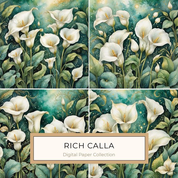 Watercolor Calla Lilies Digital Paper: Green & White with Gold (JPGs)