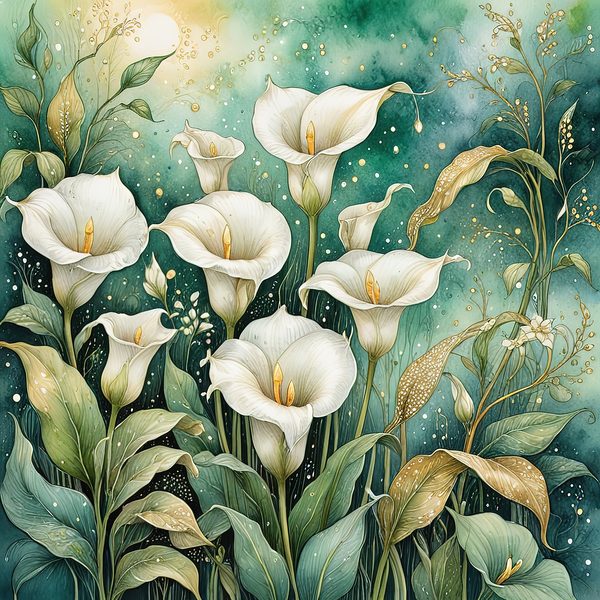Watercolor Calla Lilies Digital Paper: Green & White with Gold (JPGs) — image 1