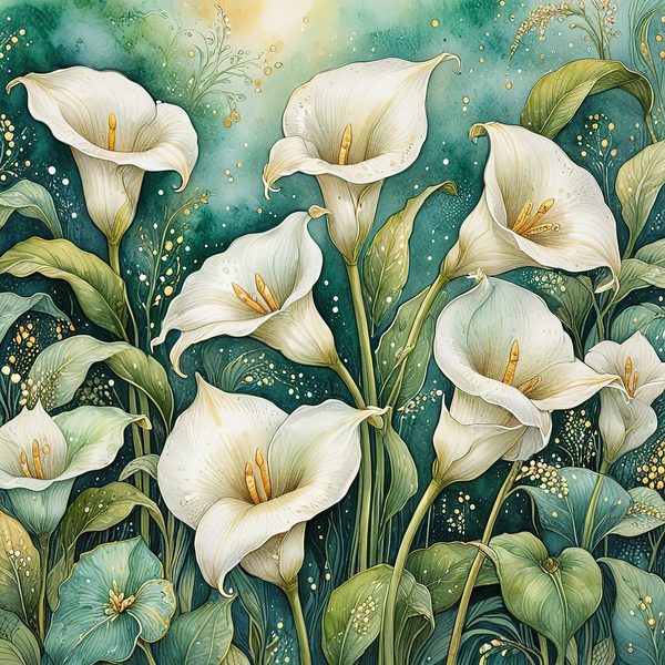 Watercolor Calla Lilies Digital Paper: Green & White with Gold (JPGs) — image 2