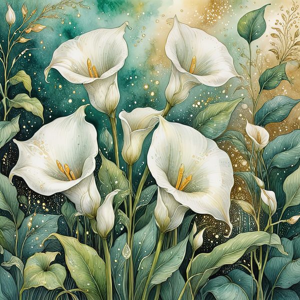 Watercolor Calla Lilies Digital Paper: Green & White with Gold (JPGs) — image 3