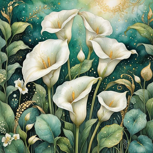 Watercolor Calla Lilies Digital Paper: Green & White with Gold (JPGs) — image 4