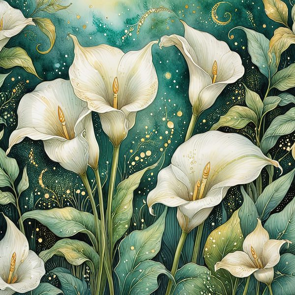 Watercolor Calla Lilies Digital Paper: Green & White with Gold (JPGs) — image 5