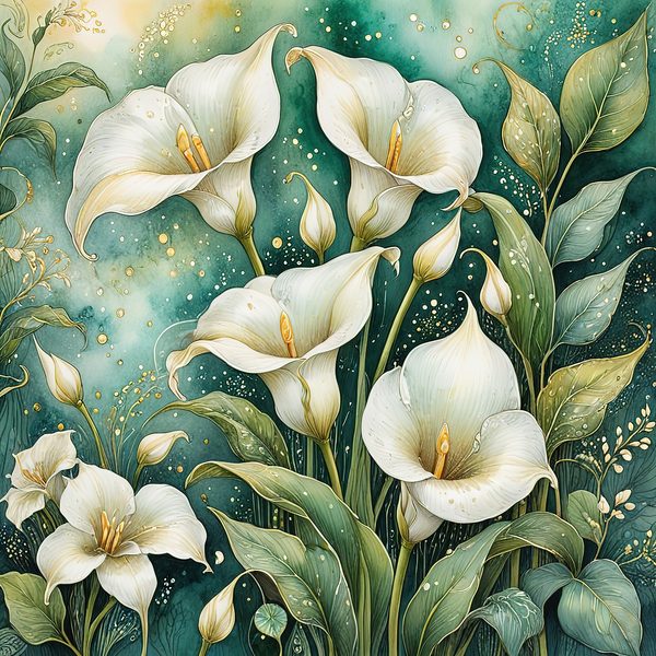 Watercolor Calla Lilies Digital Paper: Green & White with Gold (JPGs) — image 6