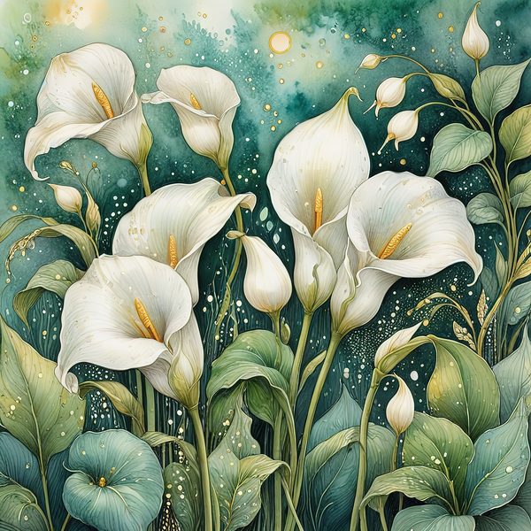 Watercolor Calla Lilies Digital Paper: Green & White with Gold (JPGs) — image 7