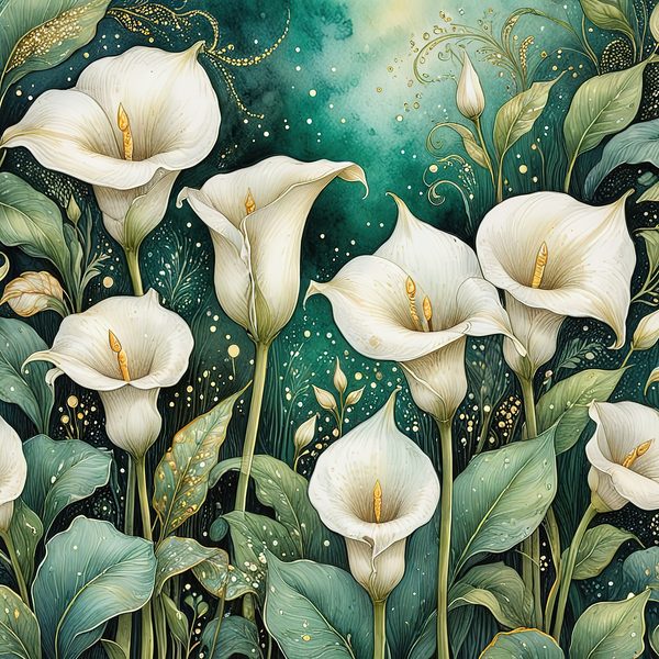 Watercolor Calla Lilies Digital Paper: Green & White with Gold (JPGs) — image 8