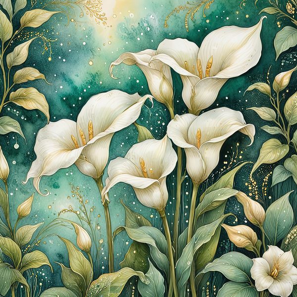 Watercolor Calla Lilies Digital Paper: Green & White with Gold (JPGs) — image 9