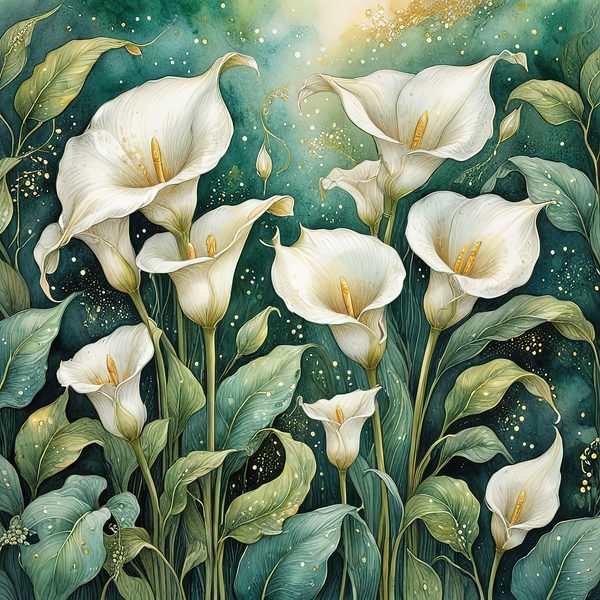 Watercolor Calla Lilies Digital Paper: Green & White with Gold (JPGs) — image 10