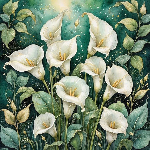 Watercolor Calla Lilies Digital Paper: Green & White with Gold (JPGs) — image 11