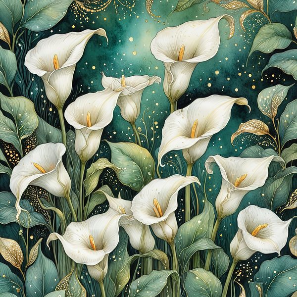 Watercolor Calla Lilies Digital Paper: Green & White with Gold (JPGs) — image 12