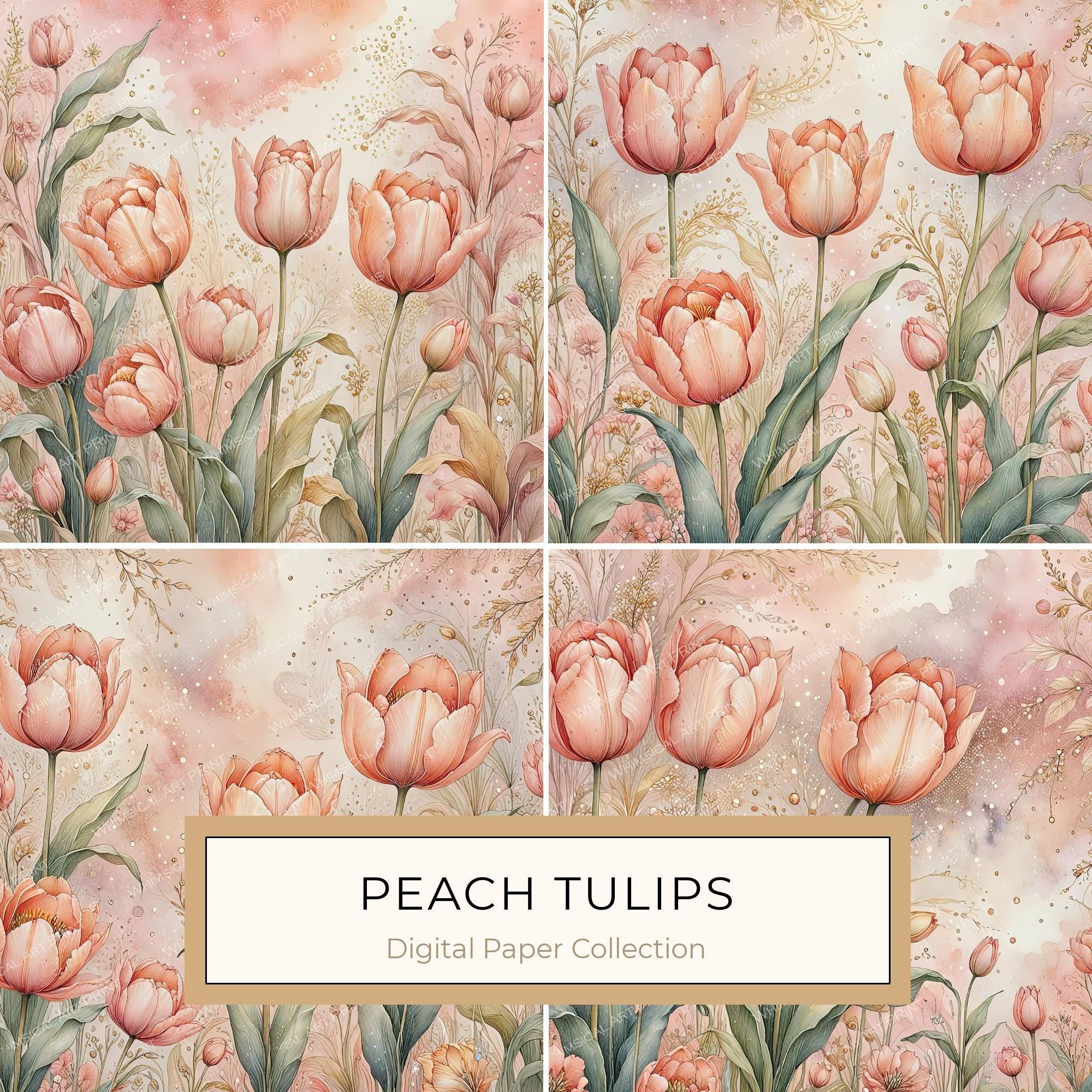 Watercolor Tulip Flowers with Soft Washes Digital Paper Set in Pastel Peach & Green Tones, 10 JPGs, Perfect for Scrapbooking, Card Making