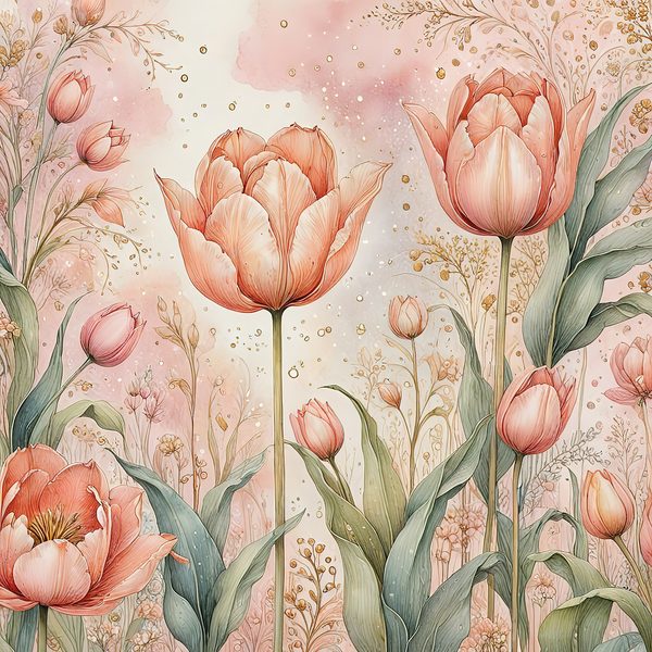 Watercolor Tulip Flowers with Soft Washes Digital Paper Set in Pastel Peach & Green Tones, 10 JPGs, Perfect for Scrapbooking, Card Making — image 1