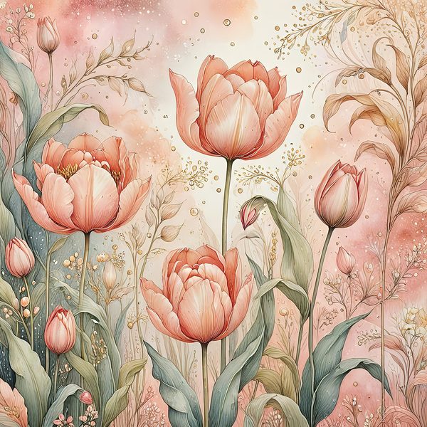 Watercolor Tulip Flowers with Soft Washes Digital Paper Set in Pastel Peach & Green Tones, 10 JPGs, Perfect for Scrapbooking, Card Making — image 2