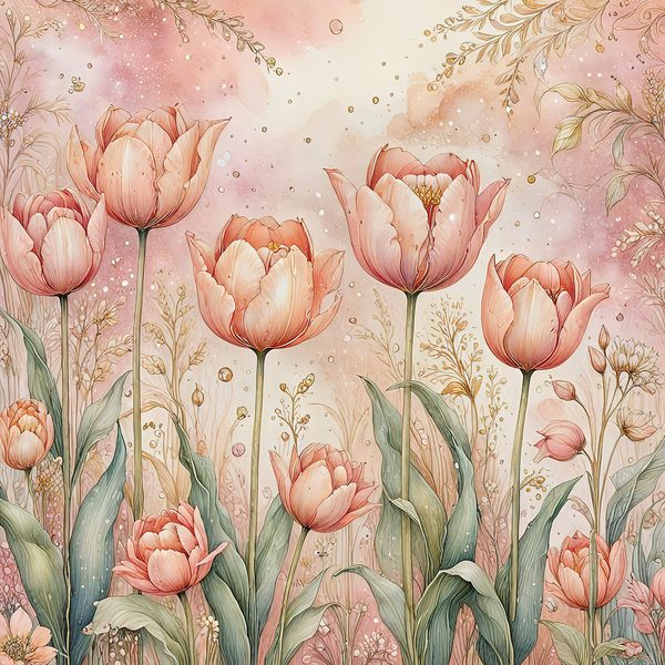 Watercolor Tulip Flowers with Soft Washes Digital Paper Set in Pastel Peach & Green Tones, 10 JPGs, Perfect for Scrapbooking, Card Making — image 3