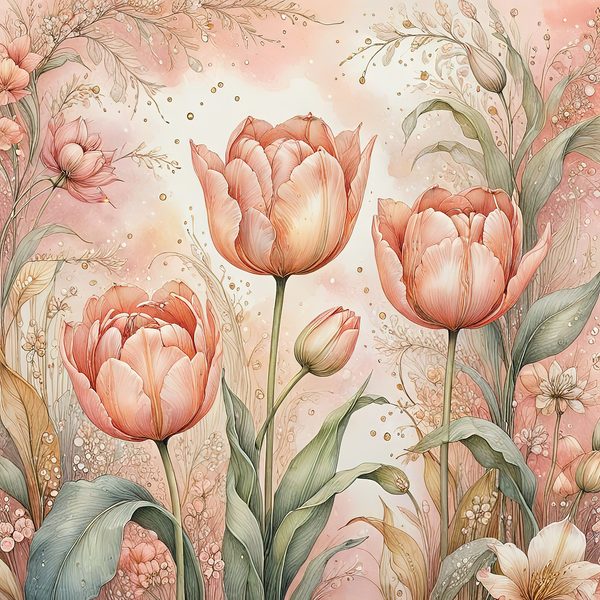 Watercolor Tulip Flowers with Soft Washes Digital Paper Set in Pastel Peach & Green Tones, 10 JPGs, Perfect for Scrapbooking, Card Making — image 5