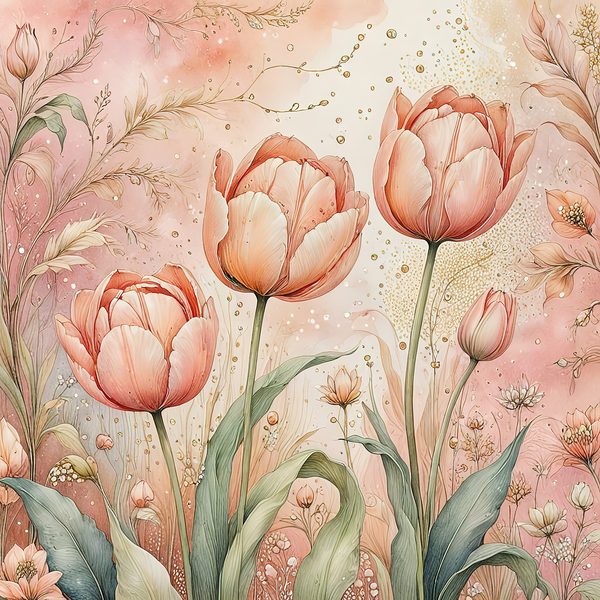 Watercolor Tulip Flowers with Soft Washes Digital Paper Set in Pastel Peach & Green Tones, 10 JPGs, Perfect for Scrapbooking, Card Making — image 10