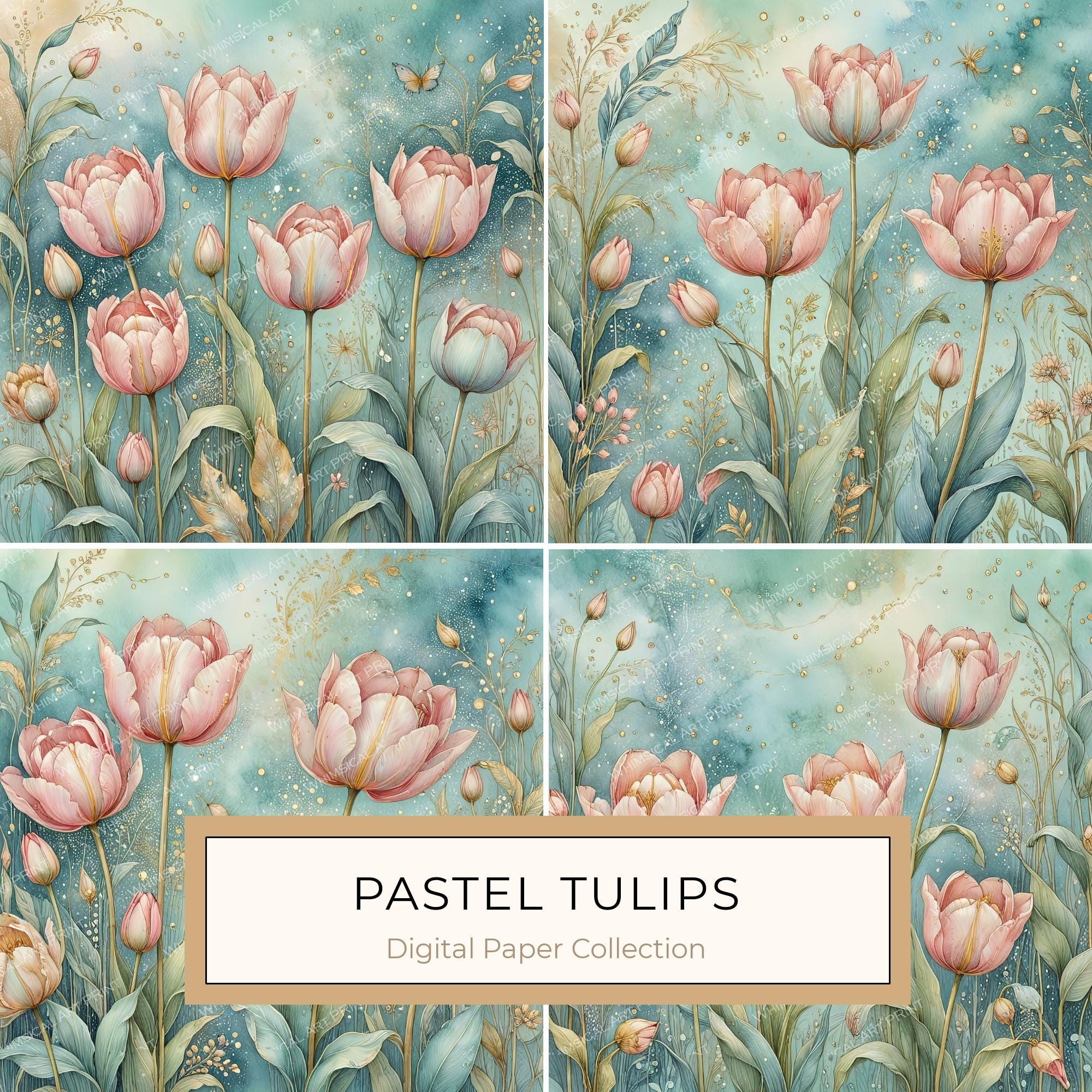 Watercolor Pink Tulips with Soft Teal Background Digital Paper Set in Pastel Hues, 10 JPGs, Perfect for Scrapbooking, Card Making DIY Crafts