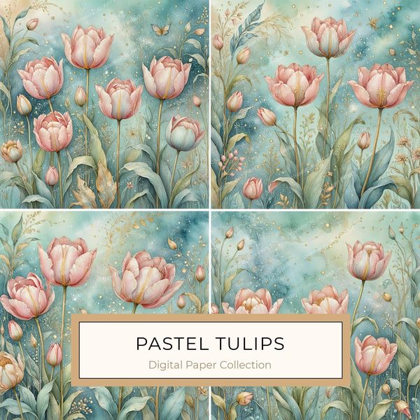Watercolor Pink Tulips with Soft Teal Background Digital Paper Set in Pastel Hues, 10 JPGs, Perfect for Scrapbooking, Card Making DIY Crafts