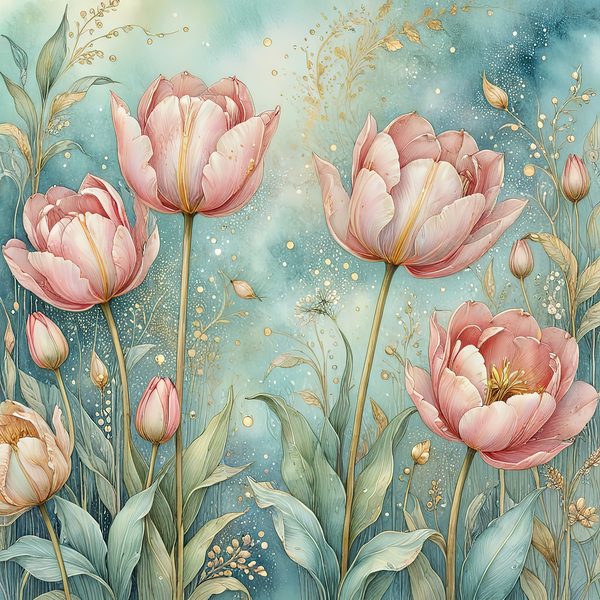 Watercolor Pink Tulips with Soft Teal Background Digital Paper Set in Pastel Hues, 10 JPGs, Perfect for Scrapbooking, Card Making DIY Crafts — image 1