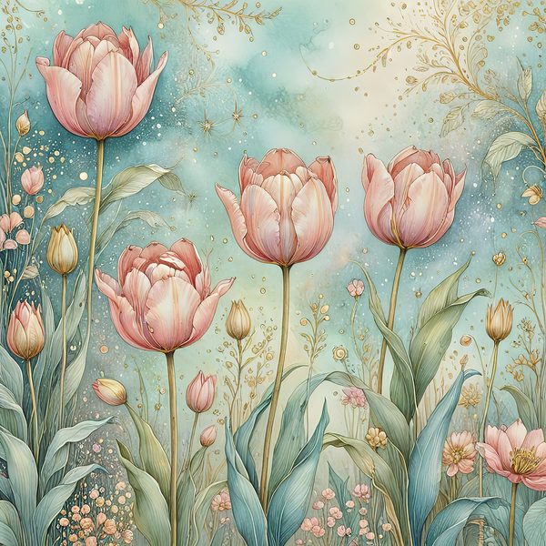 Watercolor Pink Tulips with Soft Teal Background Digital Paper Set in Pastel Hues, 10 JPGs, Perfect for Scrapbooking, Card Making DIY Crafts — image 2