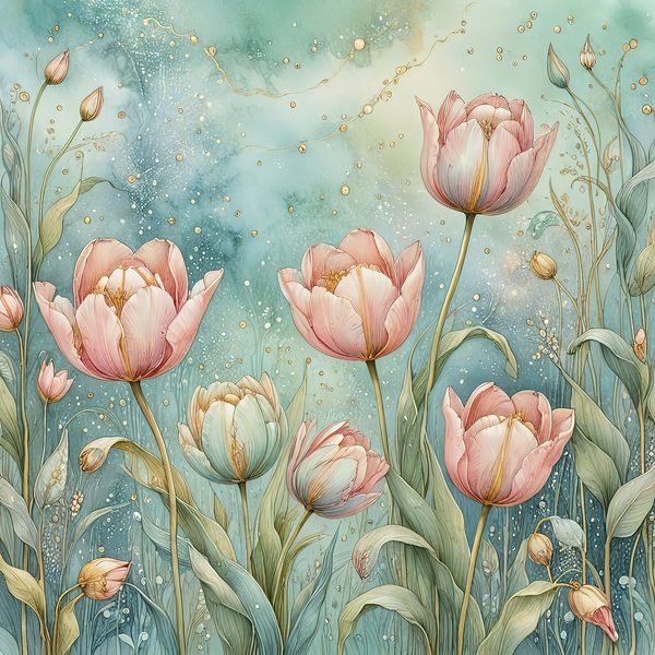 Watercolor Pink Tulips with Soft Teal Background Digital Paper Set in Pastel Hues, 10 JPGs, Perfect for Scrapbooking, Card Making DIY Crafts — image 3
