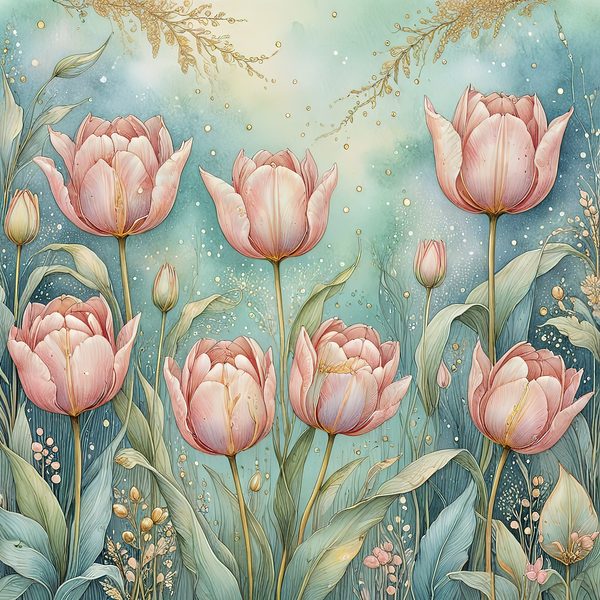 Watercolor Pink Tulips with Soft Teal Background Digital Paper Set in Pastel Hues, 10 JPGs, Perfect for Scrapbooking, Card Making DIY Crafts — image 6