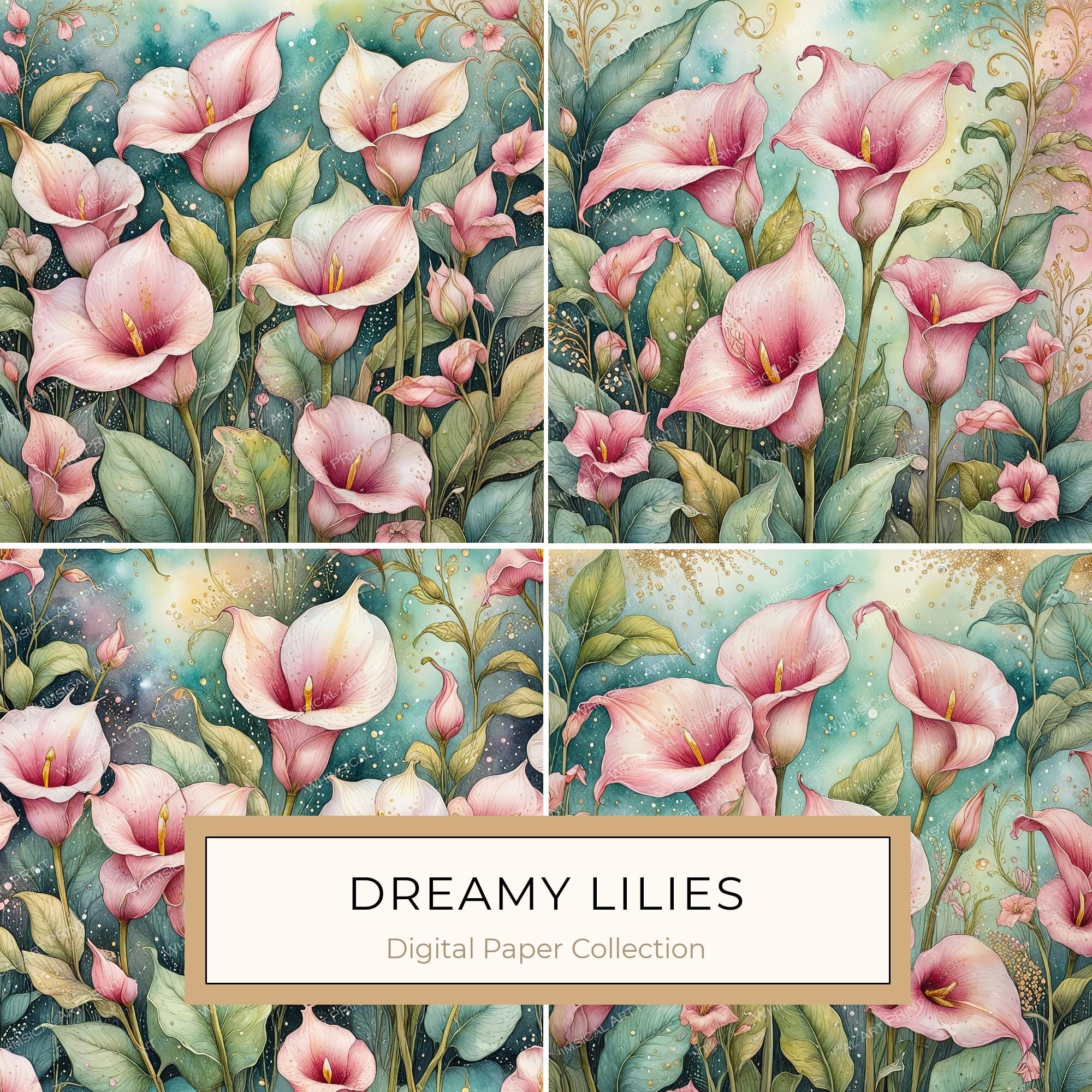 Watercolor Calla Lilies with Dreamy Background Digital Paper Set in Soft Pink & Teal Tones, 10 JPGs, Perfect for Scrapbooking, Card Making