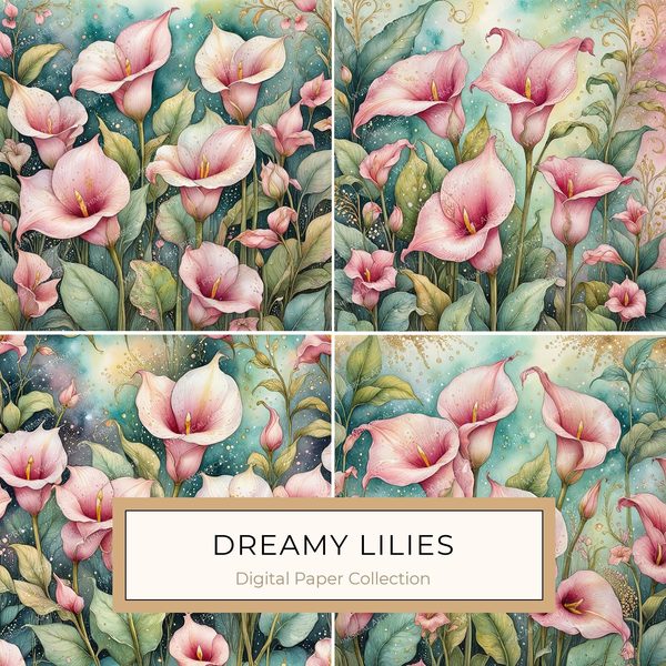 Watercolor Calla Lilies with Dreamy Background Digital Paper Set in Soft Pink & Teal Tones, 10 JPGs, Perfect for Scrapbooking, Card Making