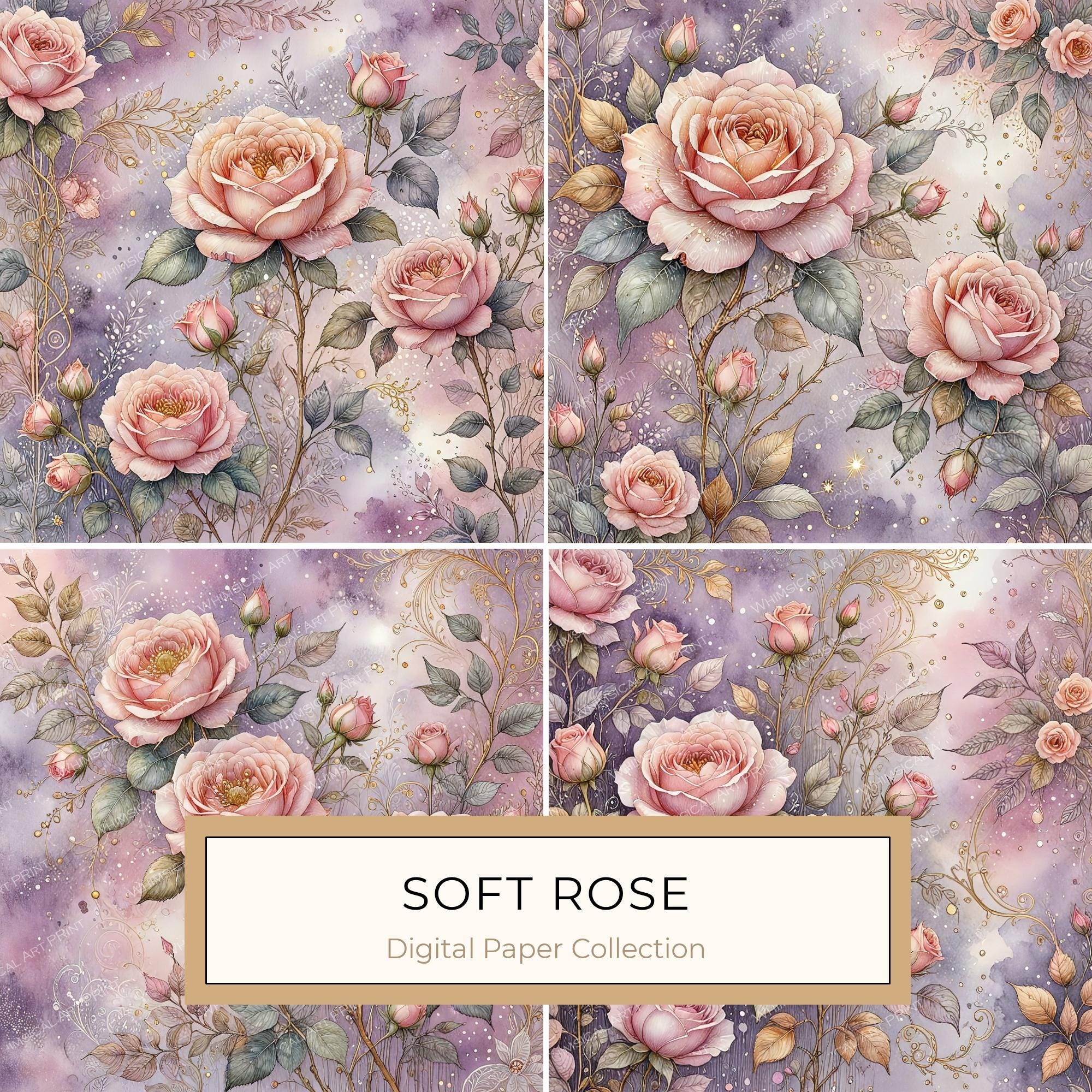 Watercolor Pink Roses with Delicate Gold Accents Digital Paper Set in Soft Lavender & Blush Tones, 10 JPGs, Perfect for Scrapbooking, Cards