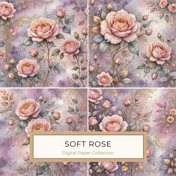 Watercolor Pink Roses with Delicate Gold Accents Digital Paper Set in Soft Lavender & Blush Tones, 10 JPGs, Perfect for Scrapbooking, Cards