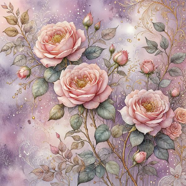 Watercolor Pink Roses with Delicate Gold Accents Digital Paper Set in Soft Lavender & Blush Tones, 10 JPGs, Perfect for Scrapbooking, Cards — image 1