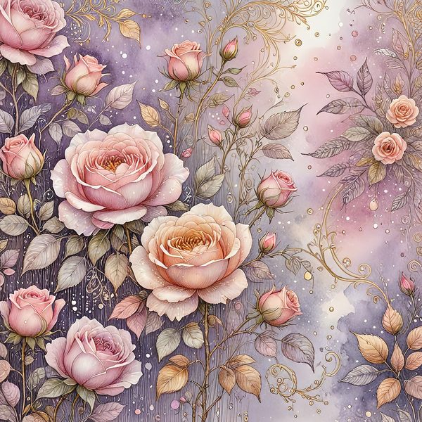 Watercolor Pink Roses with Delicate Gold Accents Digital Paper Set in Soft Lavender & Blush Tones, 10 JPGs, Perfect for Scrapbooking, Cards — image 2