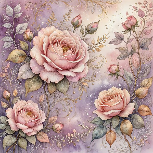 Watercolor Pink Roses with Delicate Gold Accents Digital Paper Set in Soft Lavender & Blush Tones, 10 JPGs, Perfect for Scrapbooking, Cards — image 3