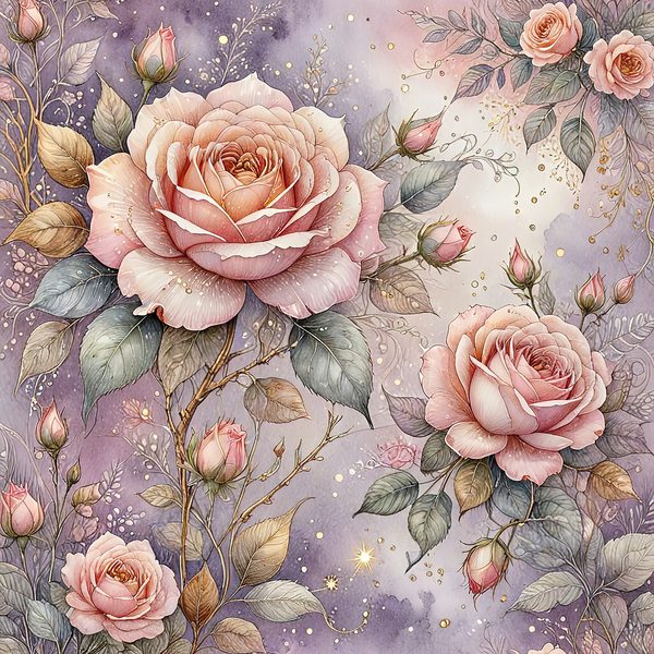 Watercolor Pink Roses with Delicate Gold Accents Digital Paper Set in Soft Lavender & Blush Tones, 10 JPGs, Perfect for Scrapbooking, Cards — image 4