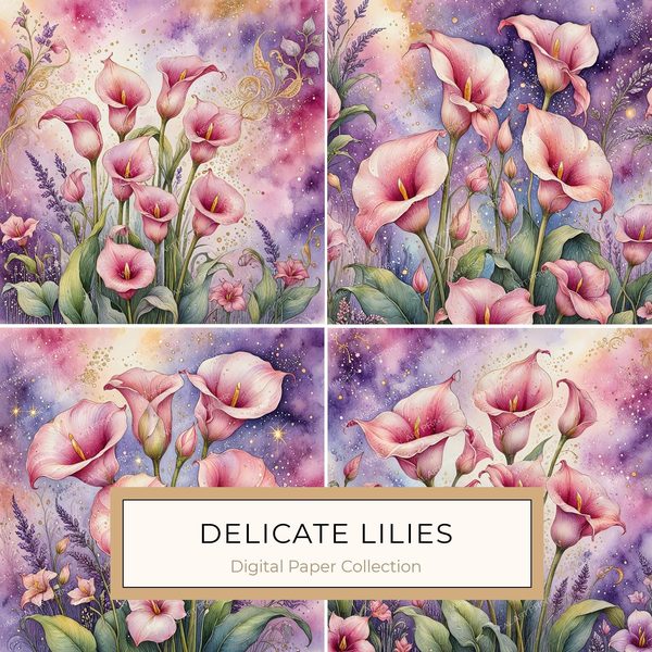 Watercolor Calla Lilies with Soft Purple Hues Digital Paper Set in Pink & Lavender Tones, 10 JPGs, Perfect for Scrapbooking, Card Making,