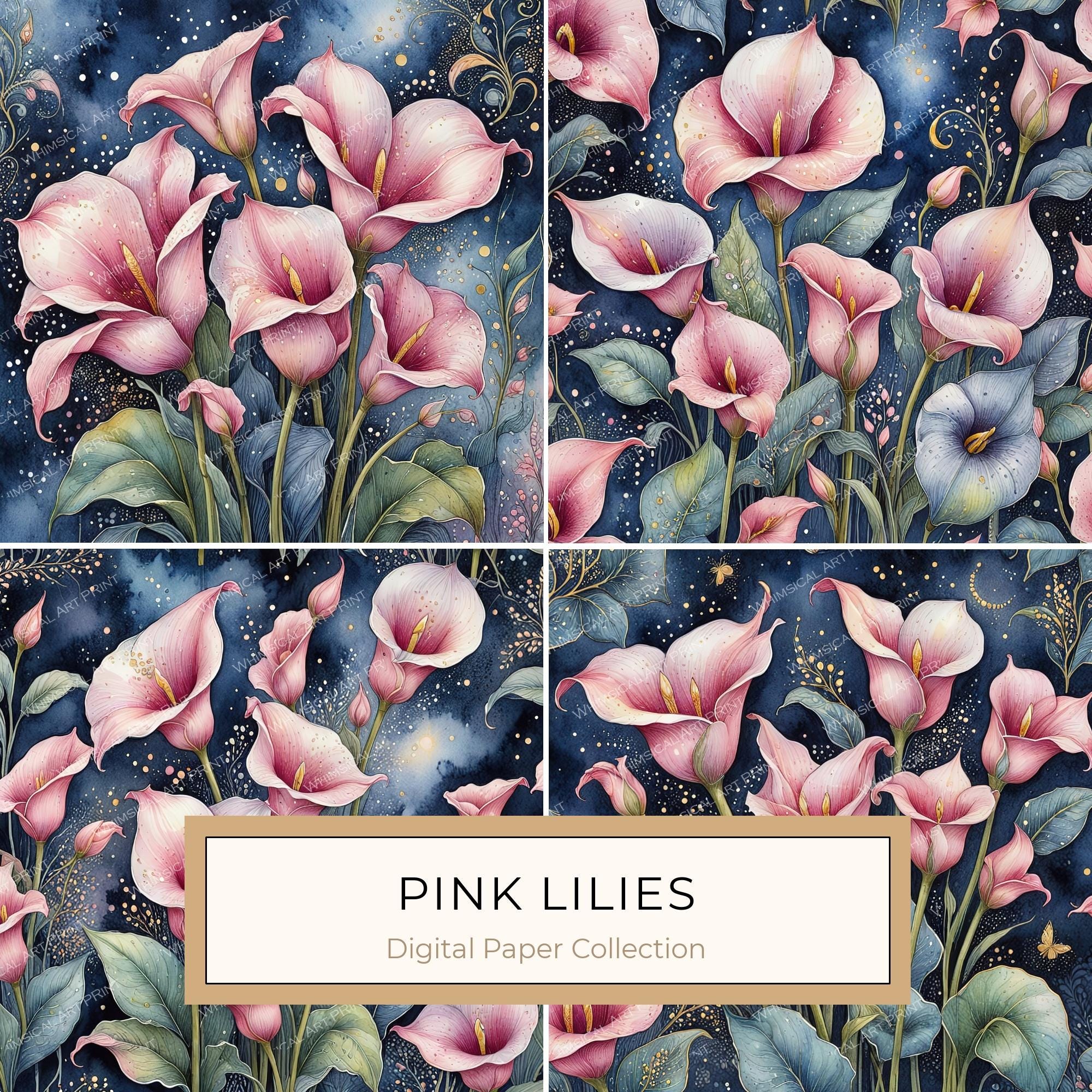 Watercolor Calla Lily Digital Paper: Pink & Navy Scrapbook Paper (JPGs)