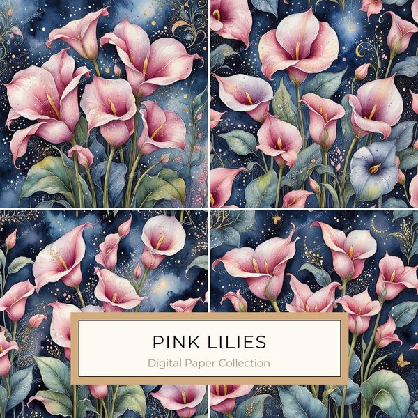 Watercolor Calla Lily Digital Paper: Pink & Navy Scrapbook Paper (JPGs)
