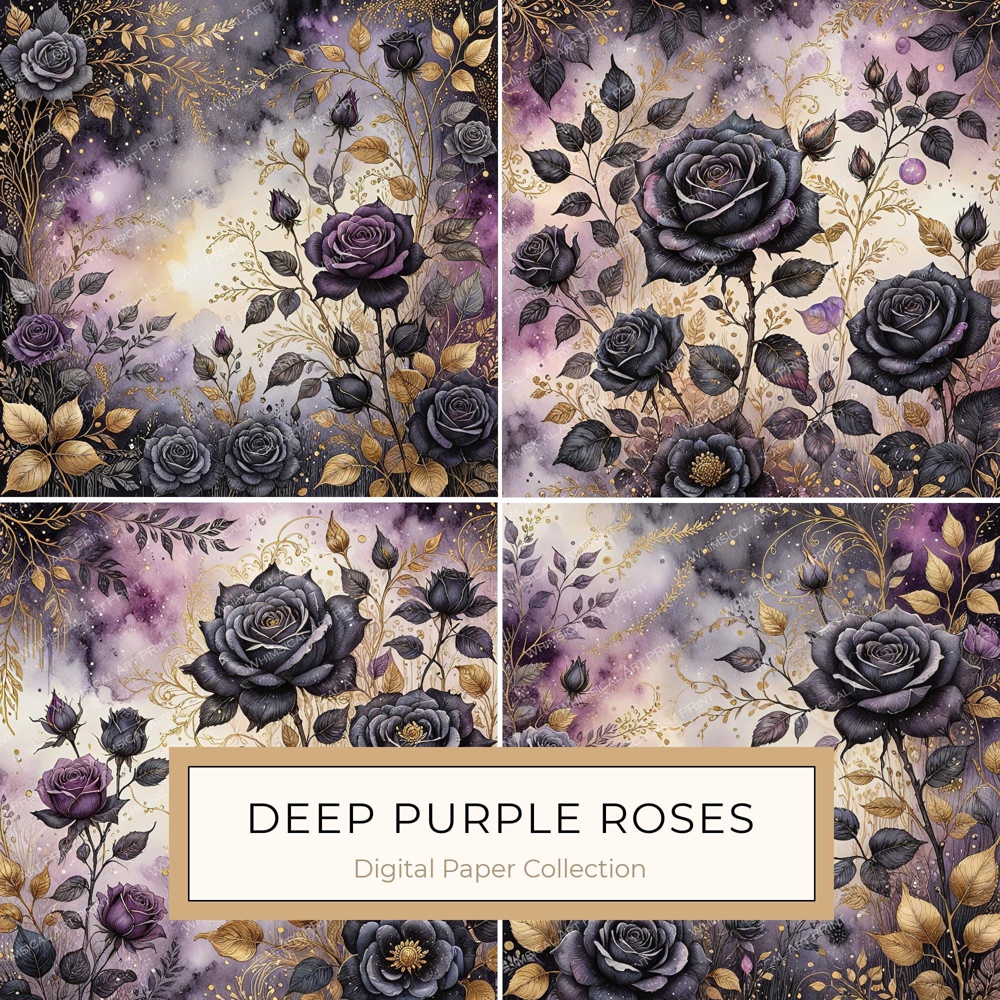 Black Rose Gold Watercolor Digital Paper: Deep Purple Floral Set (JPGs)
