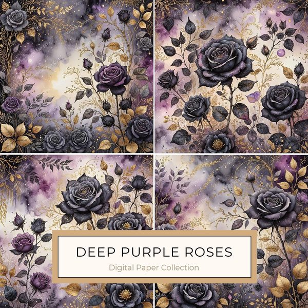 Black Rose Gold Watercolor Digital Paper: Deep Purple Floral Set (JPGs)