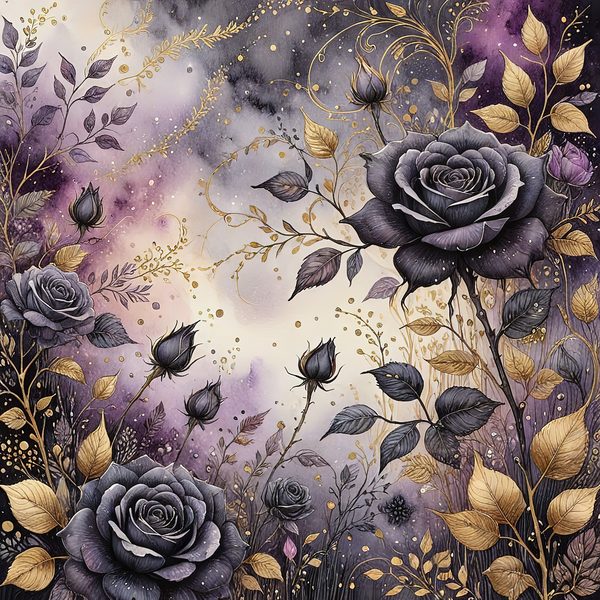 Black Rose Gold Watercolor Digital Paper: Deep Purple Floral Set (JPGs) — image 1
