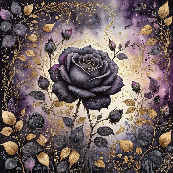 Black Rose Gold Watercolor Digital Paper: Deep Purple Floral Set (JPGs) — image 2