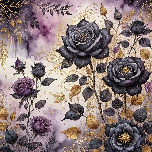 Black Rose Gold Watercolor Digital Paper: Deep Purple Floral Set (JPGs) — image 3