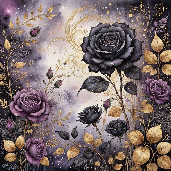 Black Rose Gold Watercolor Digital Paper: Deep Purple Floral Set (JPGs) — image 4