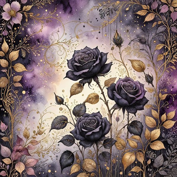 Black Rose Gold Watercolor Digital Paper: Deep Purple Floral Set (JPGs) — image 5