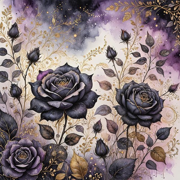 Black Rose Gold Watercolor Digital Paper: Deep Purple Floral Set (JPGs) — image 6