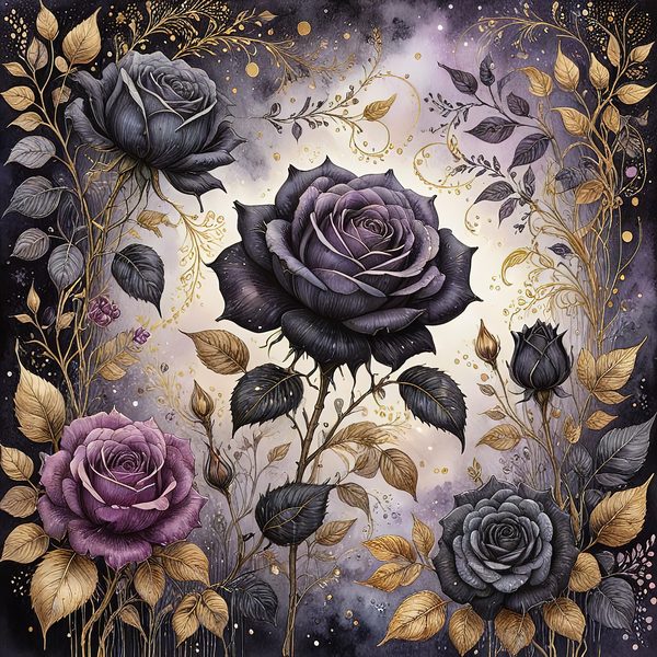 Black Rose Gold Watercolor Digital Paper: Deep Purple Floral Set (JPGs) — image 7