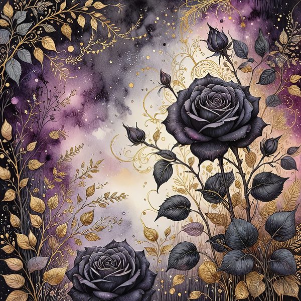 Black Rose Gold Watercolor Digital Paper: Deep Purple Floral Set (JPGs) — image 9