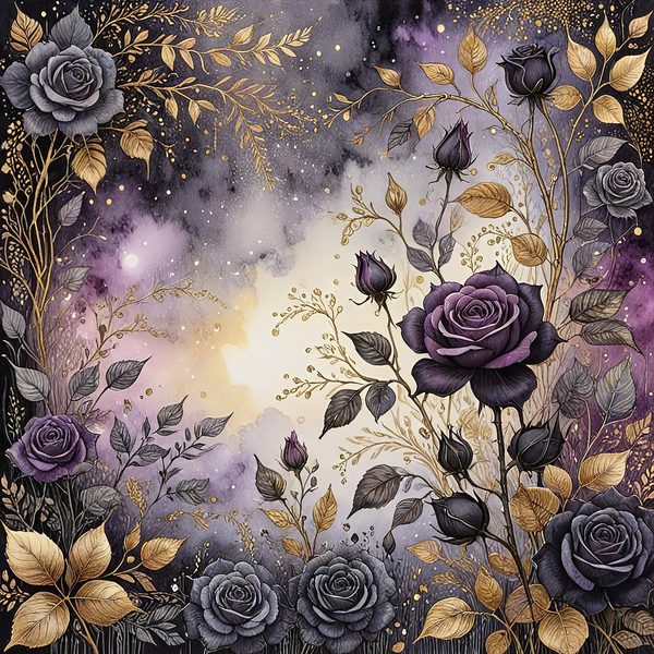 Black Rose Gold Watercolor Digital Paper: Deep Purple Floral Set (JPGs) — image 10